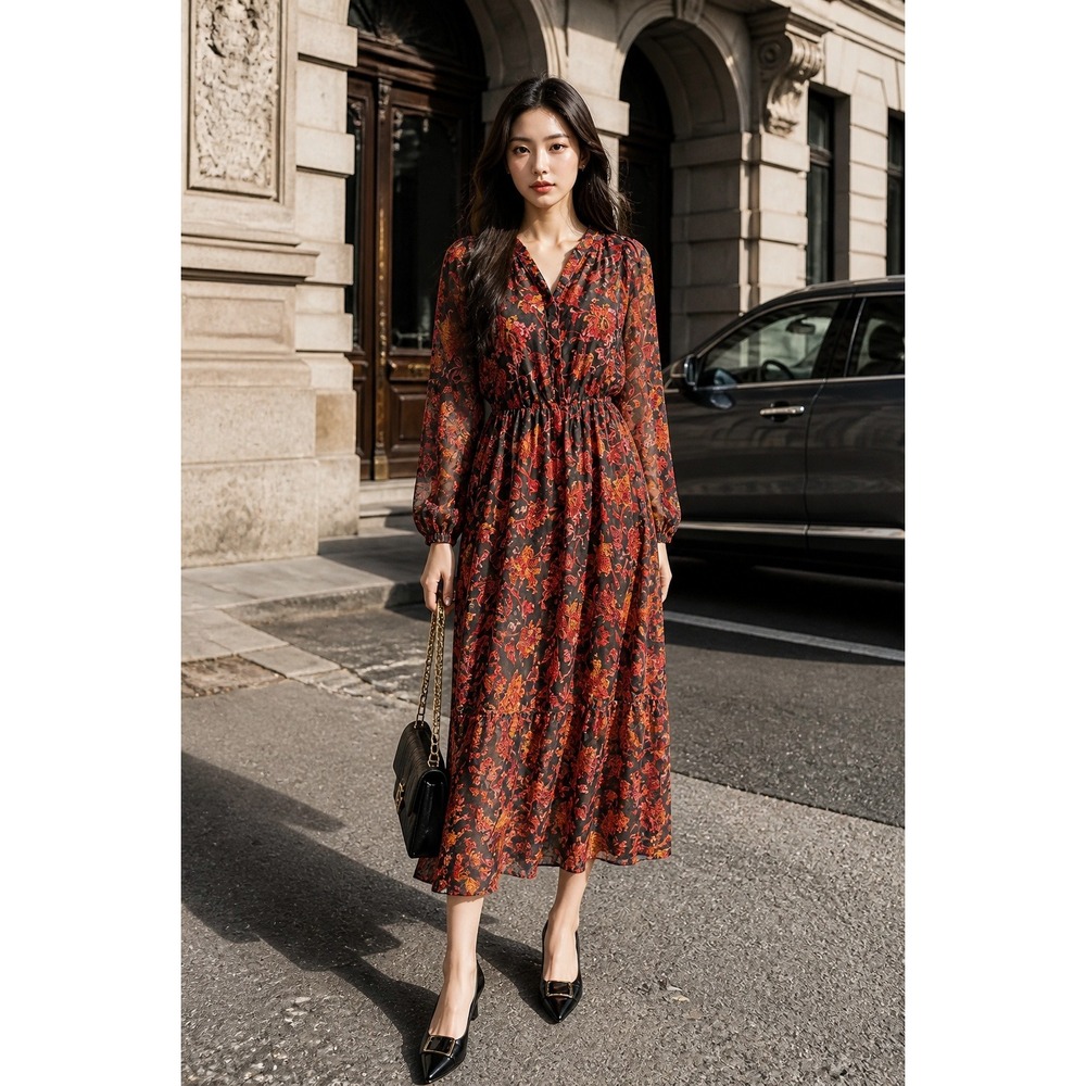 Ophelia Roe Floral Boho Maxi Dress Med Orange Pink Tiered Balloon Sleeve V-Neck